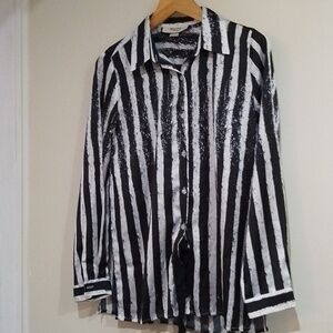 A4💐 Betty Chow M striped pattern silk/polyester blouse with high side slits
